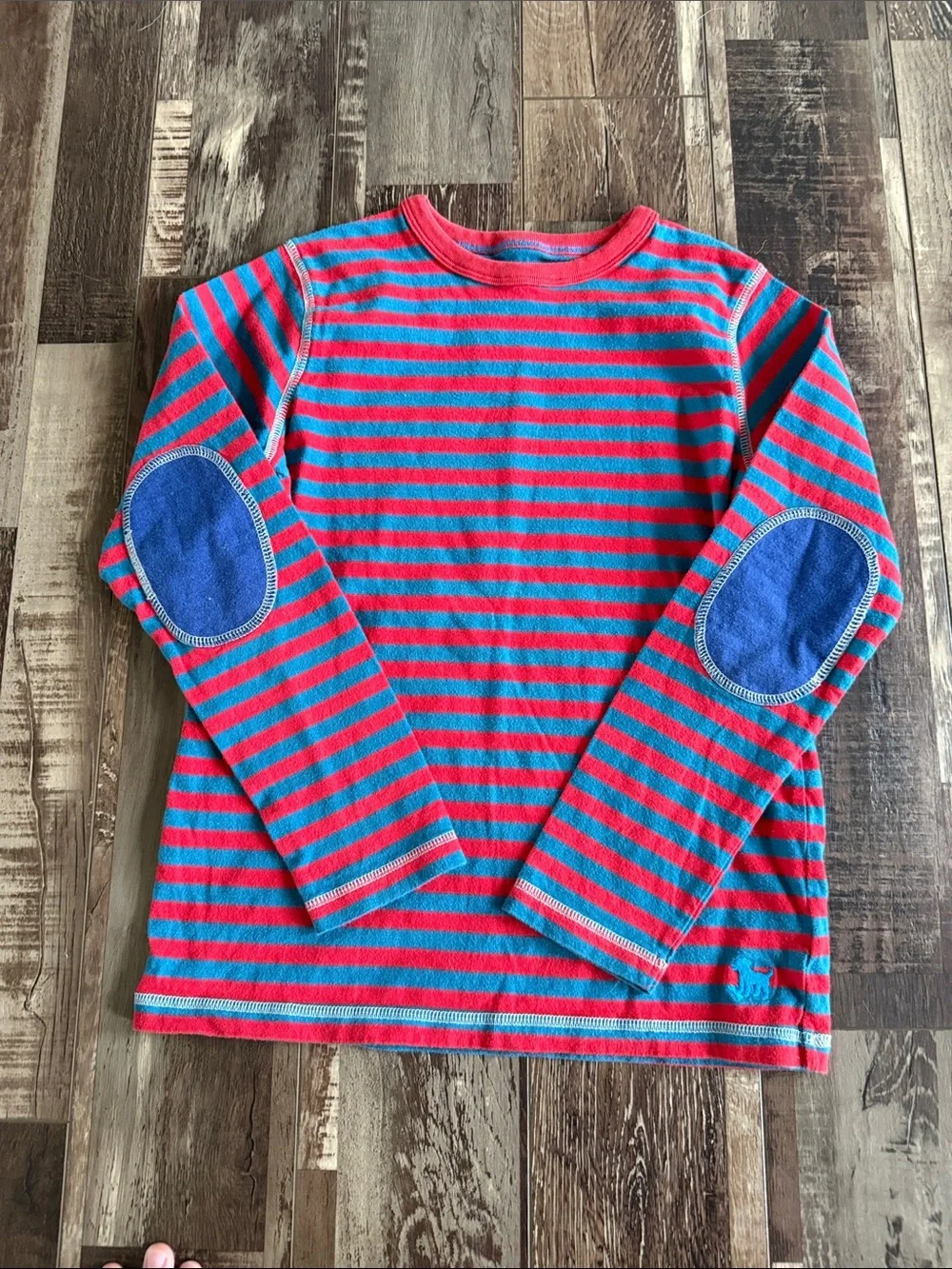 Mini Boden Red & Blue Striped Long-Sleeve Tee with Blue Elbow Patches size 9/10